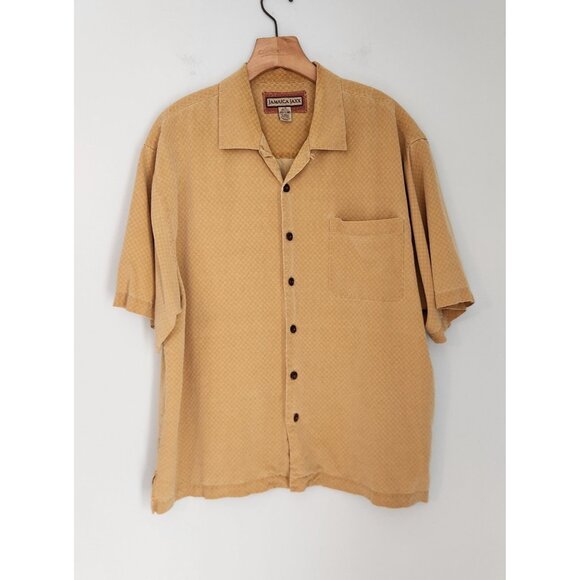 Jamaica Jaxx Shirt 100% Silk Button Up Yellow Embroidered Design Large EUC - Picture 2 of 11